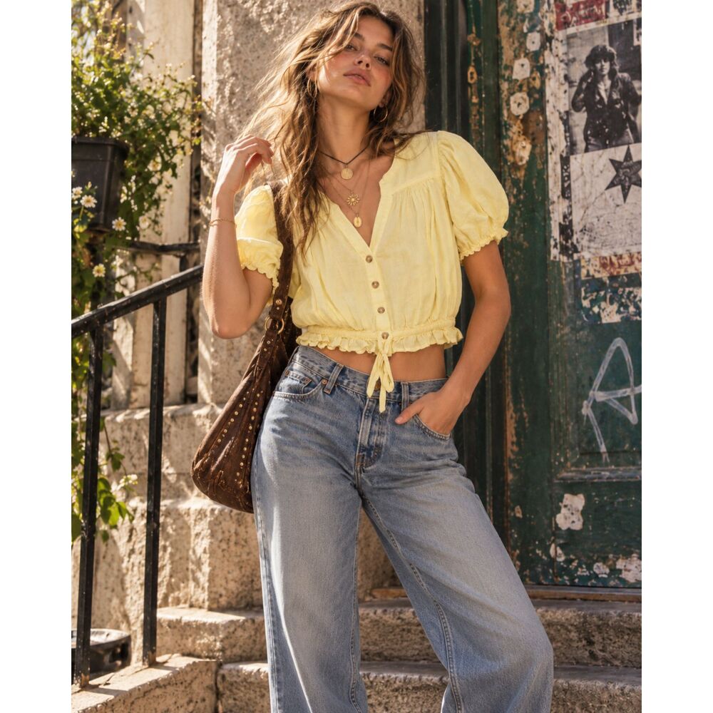 Free People Yellow Cotton Gauze Puff Sleeve Crop Blouse Small Boho Ruffle Tie